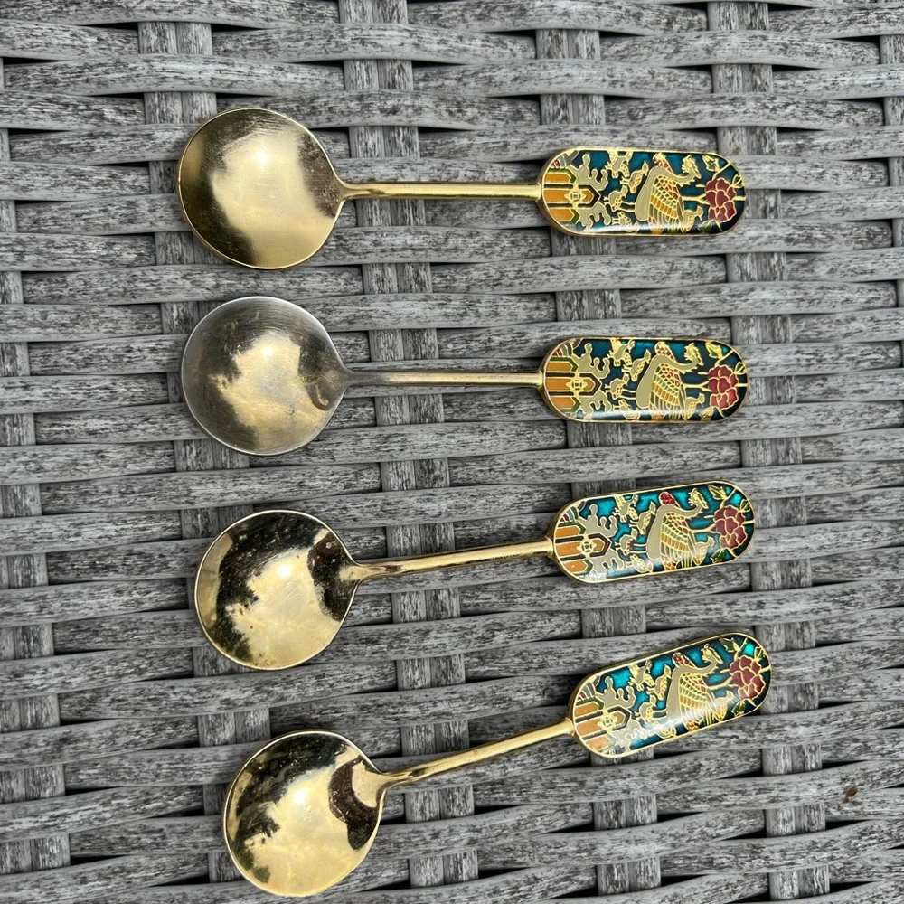 Winged Bird Traditional Asian Style Gold Plated Teaspoons Flatware Set Of 4